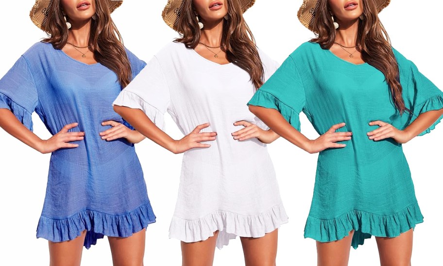 three women in blue, white, and green swim coverups