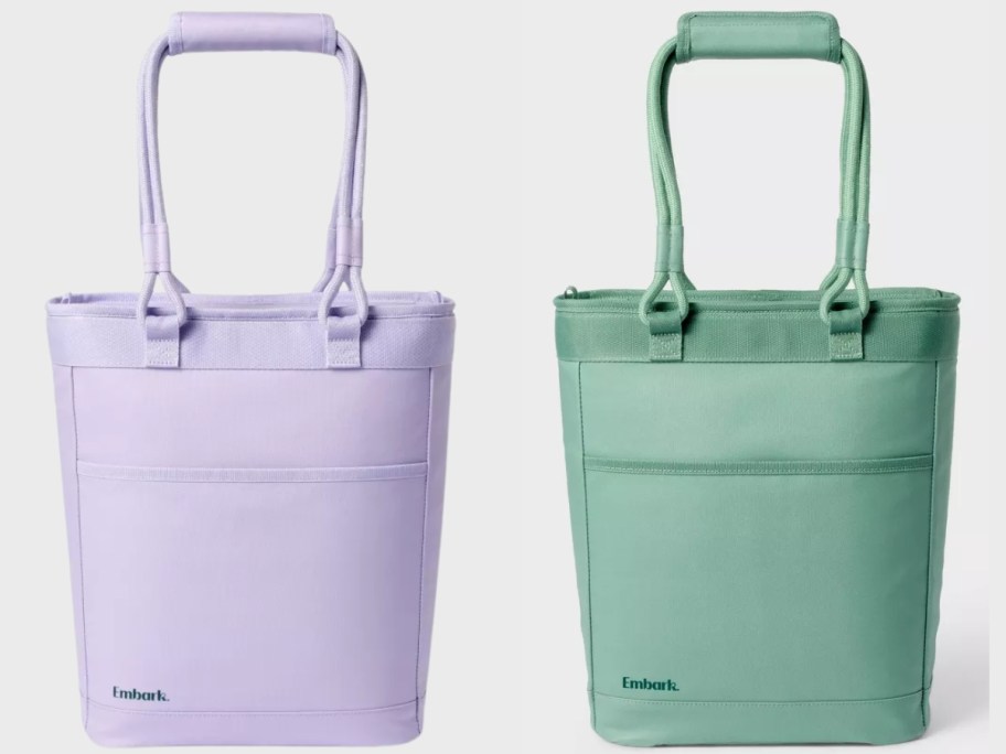 stock images of Embark 14-Can Soft Sided Cooler Totes in purple and green