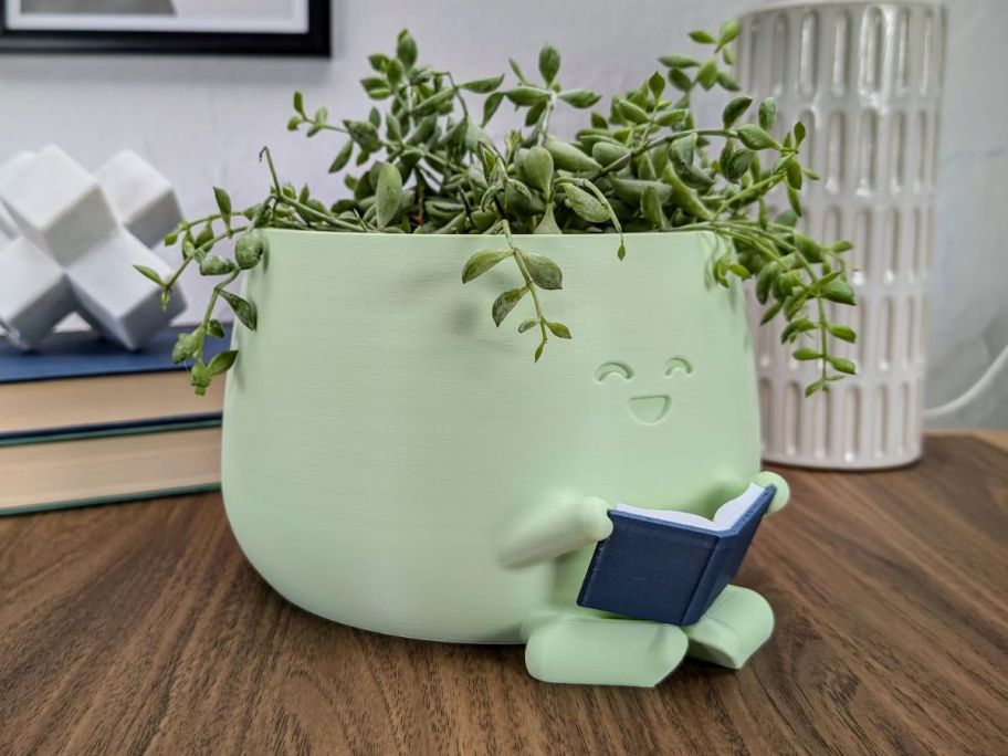 Cute planter reading a book set on a table