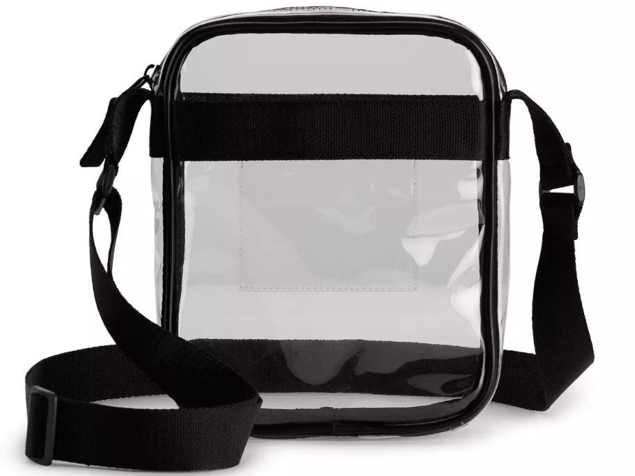 A clear cross body bag with black straps