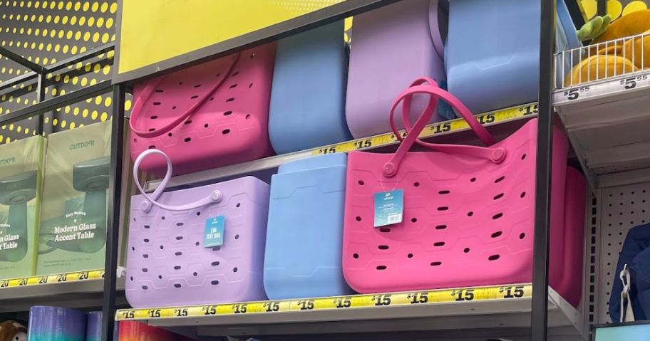 A wall full of Bogg Bag lookalikes at Five Below