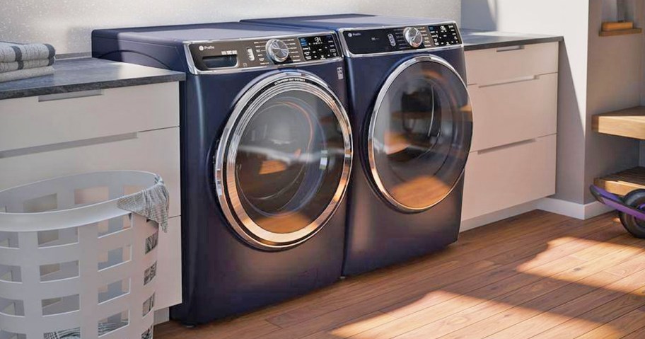 dark blue washer & dryer set in laundry room