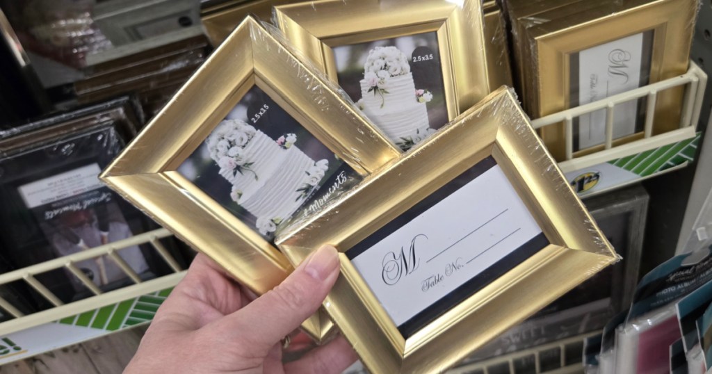 Woman holding up many gold frames inside dollar tree store