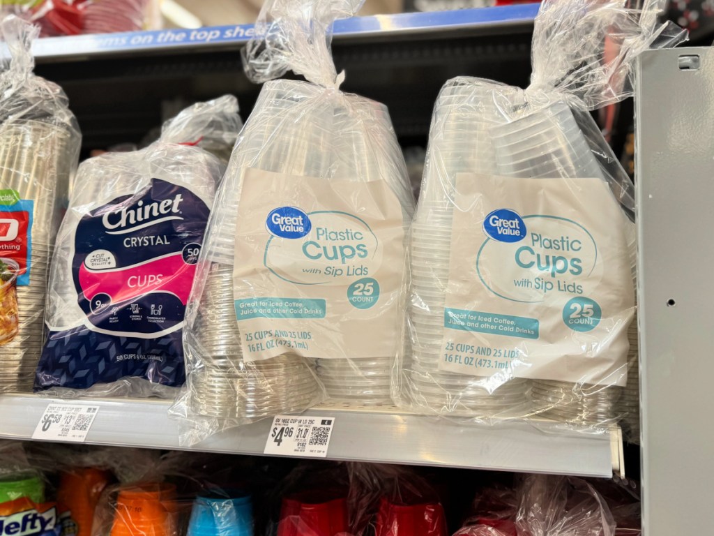 Plastic great value sippy style cups on Walmart store shelf