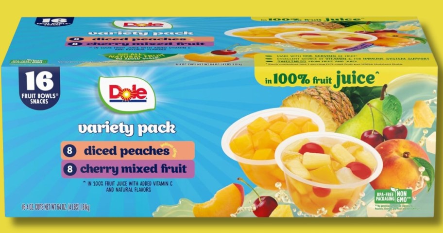 a box of Dole Diced Peaches and Cherry Mixed Fruit Cups