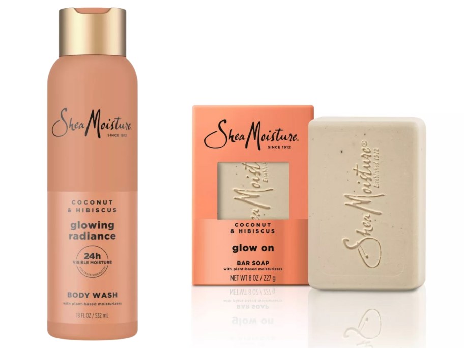 bottle of SheaMoisture body wash and a bar of SheaMoisture soap with the box