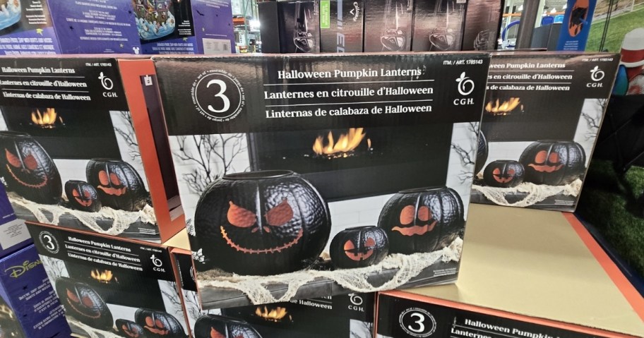 box of Halloween Pumpkin Lanterns 3-Pack on display at costco