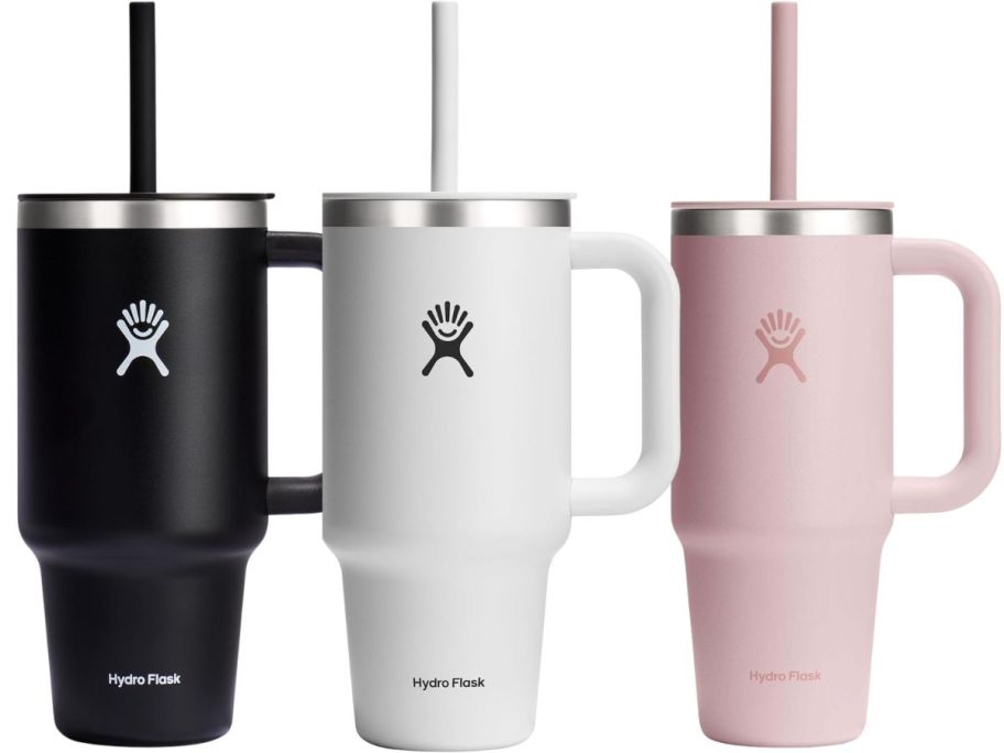 Hydro Flask All Around Travel Tumblers in black, white, and pink