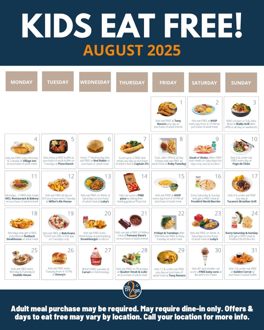 various kids eat free deals for august 2025