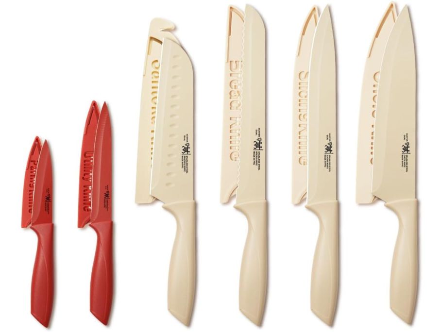 red and white knives with covers
