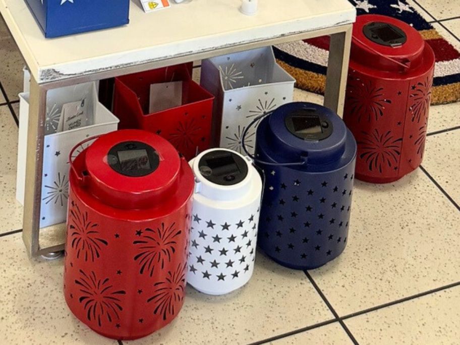 Metal red white and blue lanterns with star and fireowrks cutouts at Kohl's