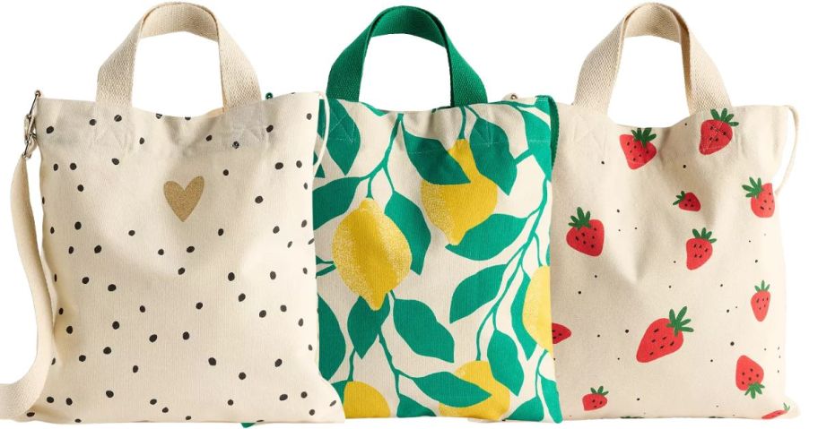 3 patterned tote bags in lemons, hearts, and strawberries