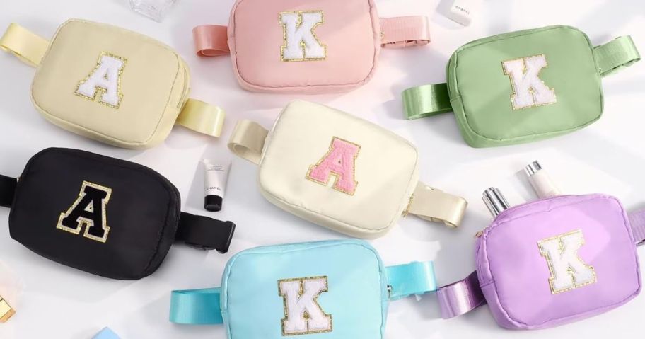 Colored Belt Bags with Chenille Varsity Initial Letter Patches on them