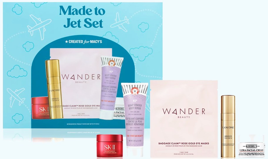 mini skincare products in front of a blue gift box