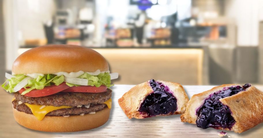 A McDonald's Double Burger and Blueberry Pie on a table in a restaurant