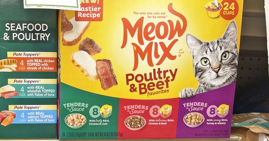 box of Meow Mix Wet Cat Food on store shelf