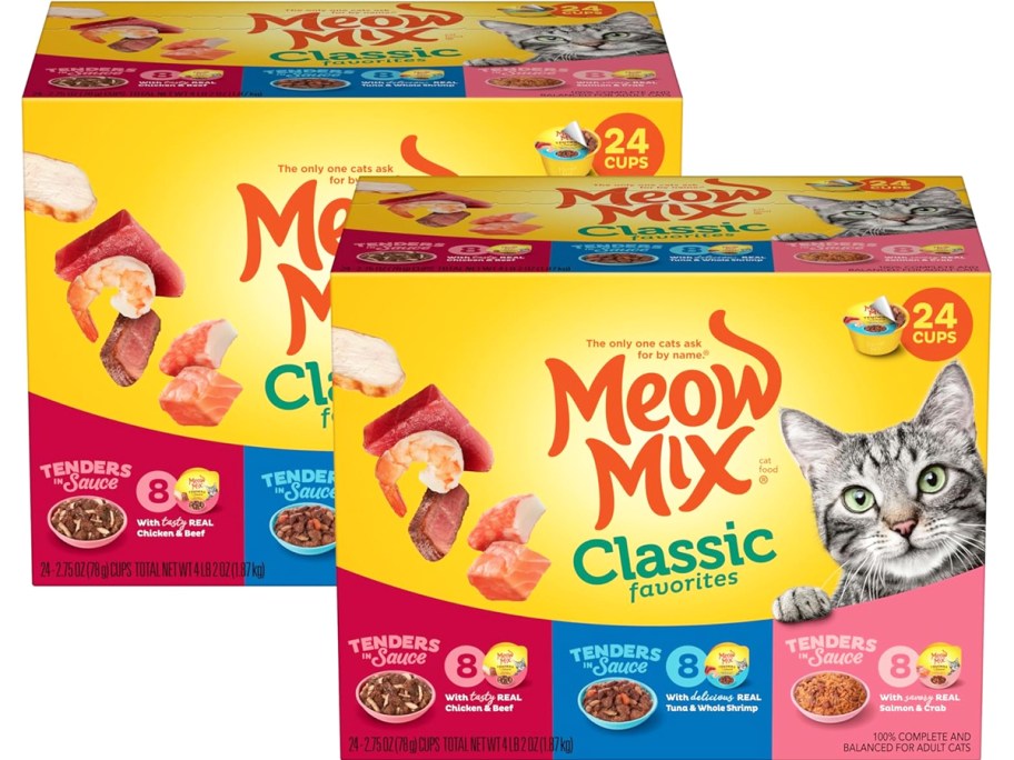 two boxes of meow mix wet cat food cans