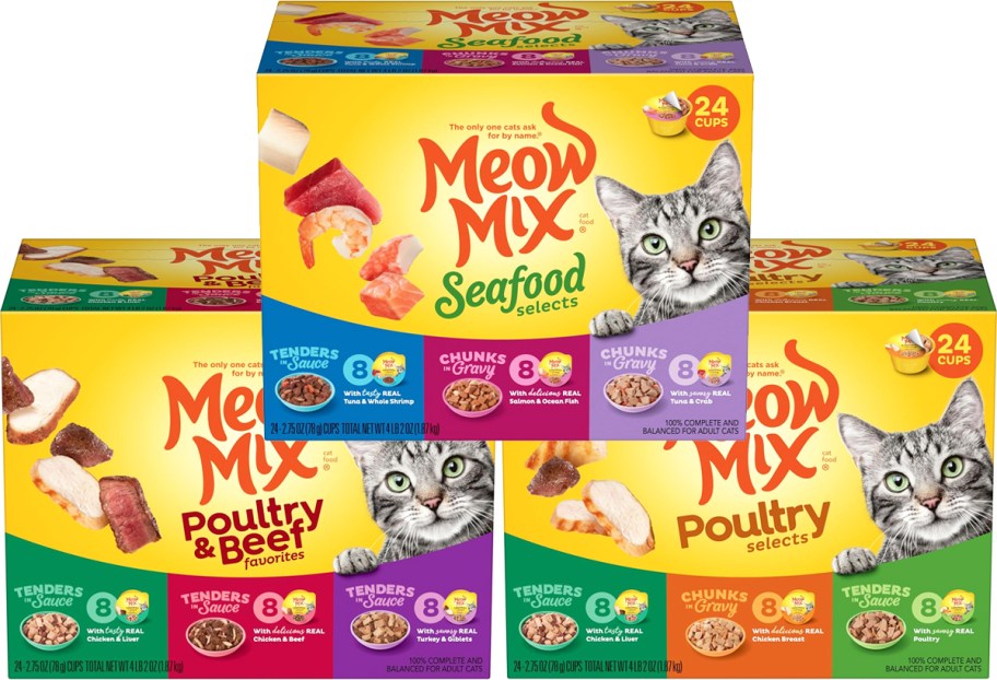 three boxes of Meow Mix Wet Cat Food cans