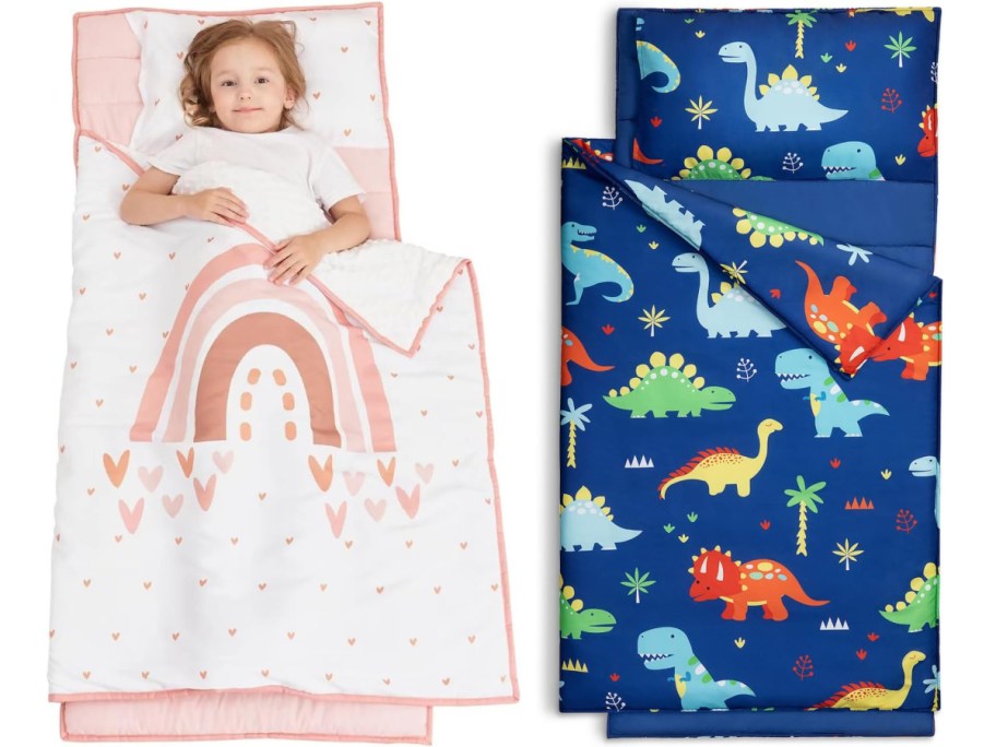 Toddler napping inside her nap mat from Amazon and a nap mat in a dinosaur pattern 