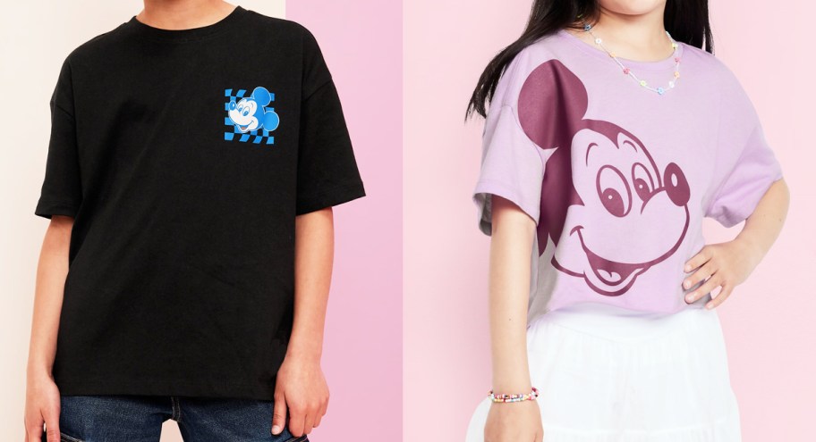 boy and girl modeling mickey mouse t-shirts