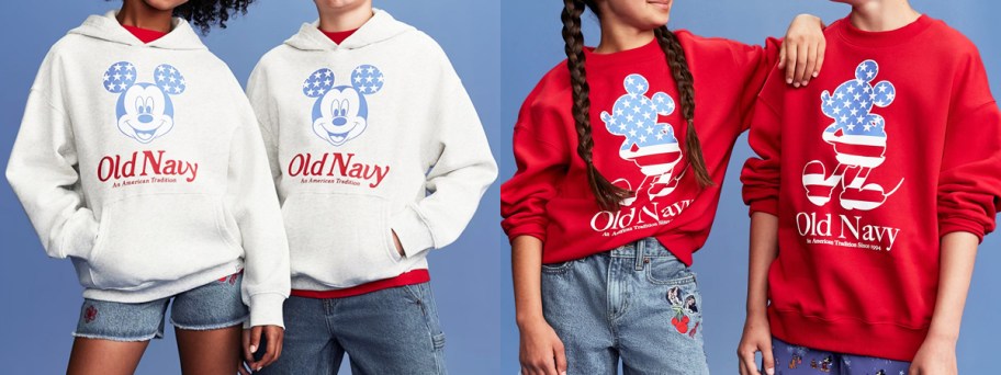 kids modeling white and red Disney Americana sweatshirts