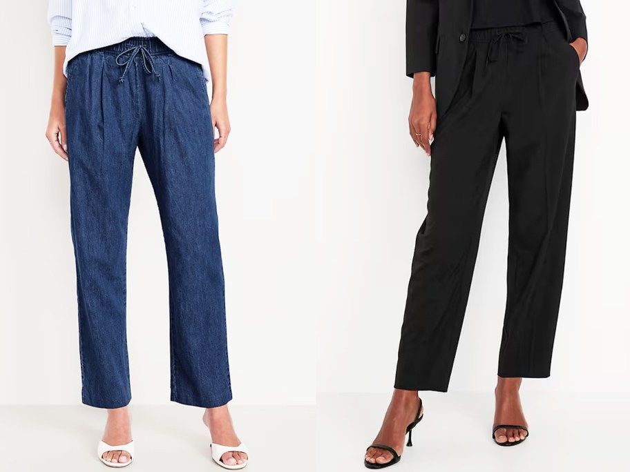 two women in blue and black ankle pants