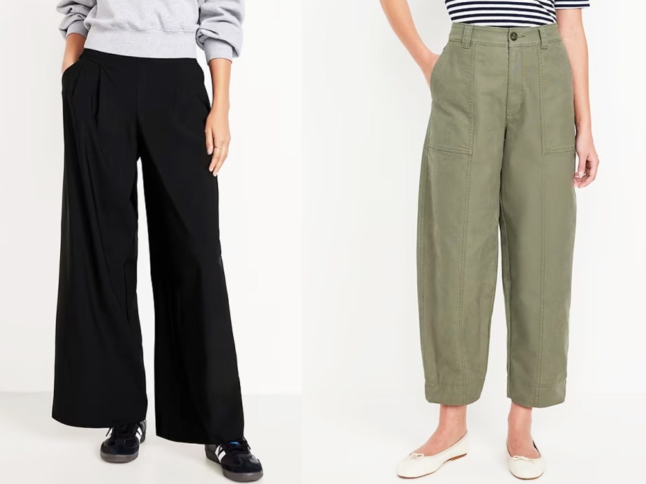 two women in black and green pants
