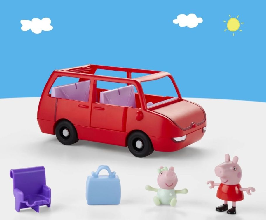 a red play car shown with 2 figures and 2 accessories