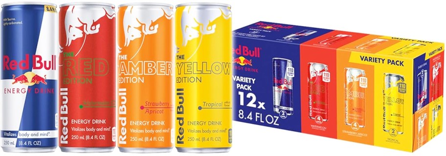 4 cans of red bull in various flavors in front of a variety pack box