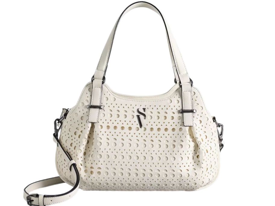 A white crochet-looking leather purse