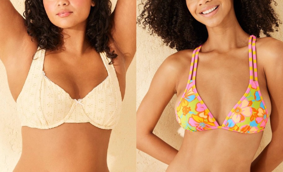 women wearing target bathing tops in yellow polka dots and a floral print