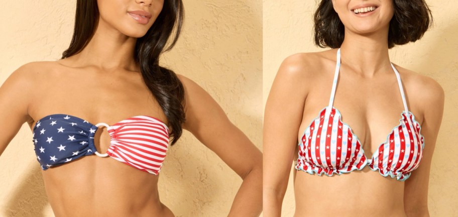 Women wearing a target swimsuit USA band top and a star bikini top