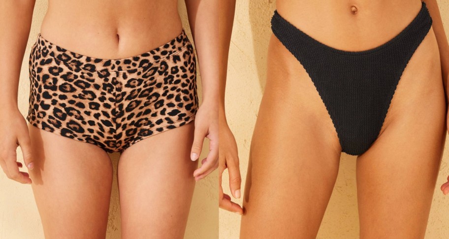 Women wearing a boxer style target bathing suit btoom and a high leg bathing suit 