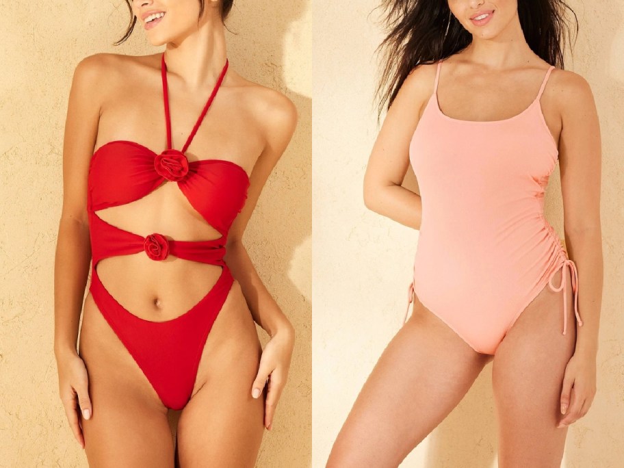 Two women wearing target one piece bathing suits including a red floral one and a pink modest option