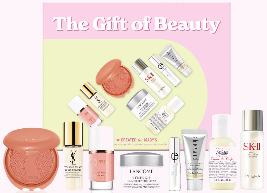 8 mini beauty products in front of a gift box