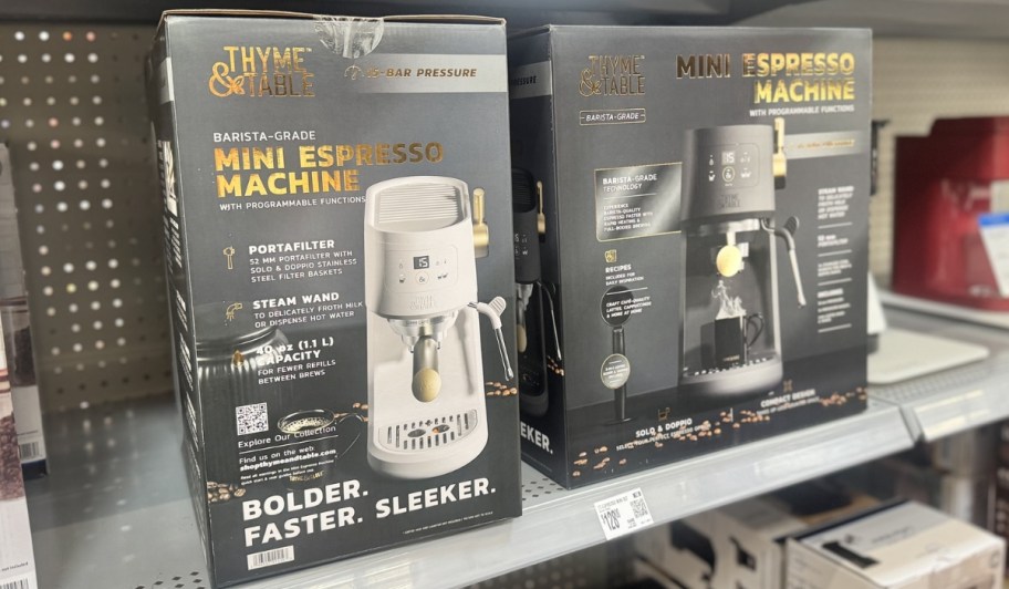 boxes of thyme and table mini espresso machines on shelf at walmart