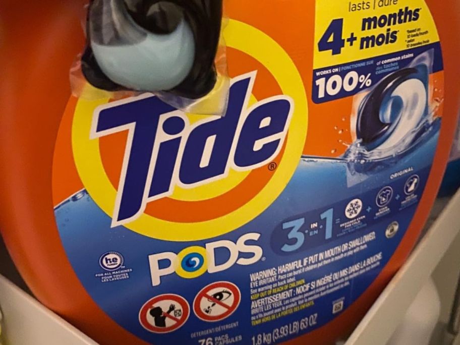 Tide pod 3 in 1 pac displayed on a little cart