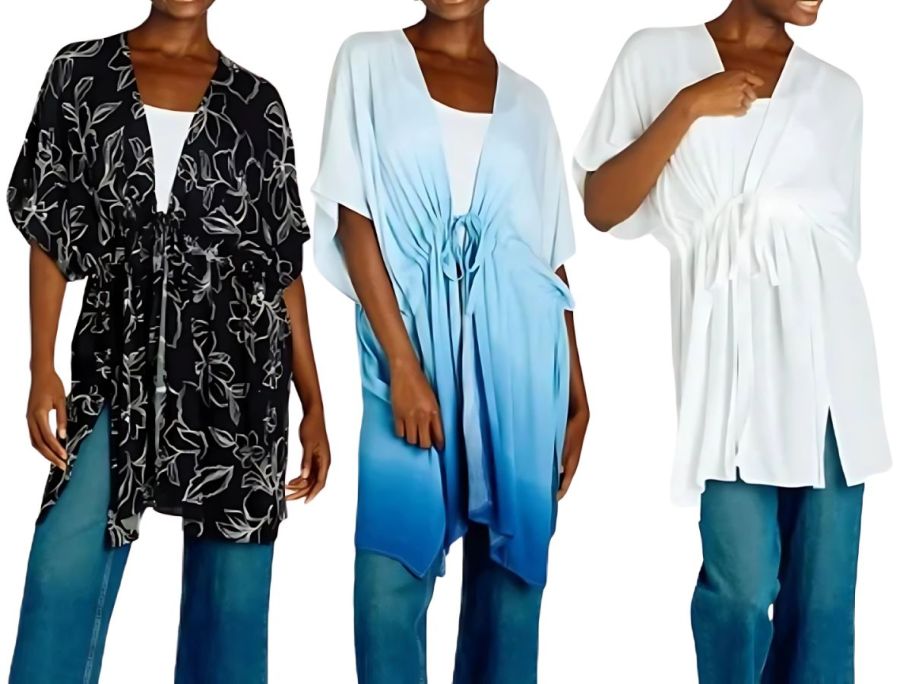2 women wearing cinched patterned dusters and one wearing a white one