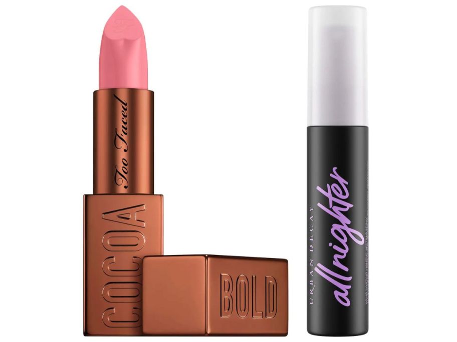 A lipstick tube and a finishing spray