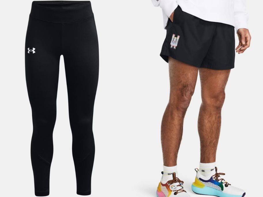 Stock images of a pair of Under Armour girls leggings and a man wearing under armour shorts