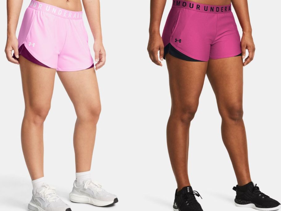 Stock images of two women wearing Under Armour Play Up 3.0 Women's 3" Shorts