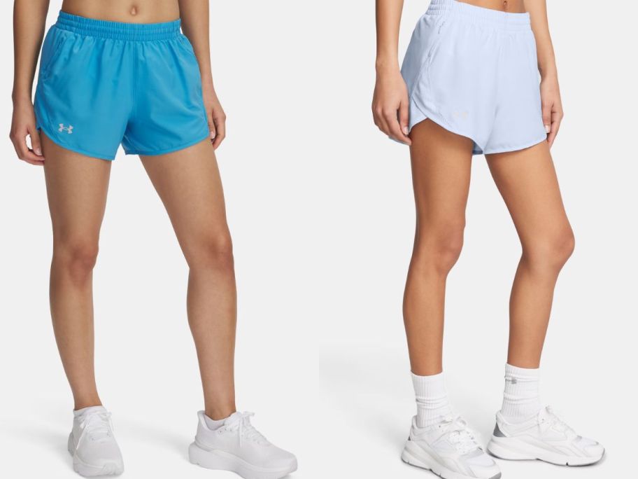 Stock images of two women wearing Under Armour Fly-By Women's 3" Shorts