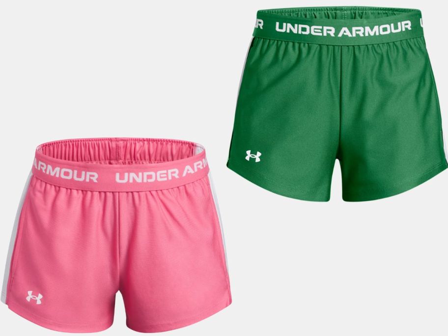 Stock images of pink and green Under Armour UA Tech Play Up Girl's Shorts