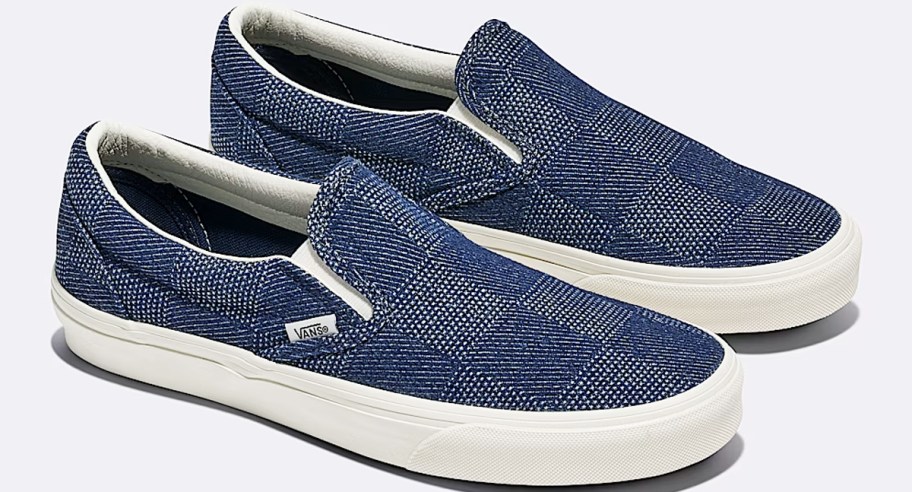 pair of navy blue checkered clip on sneakers