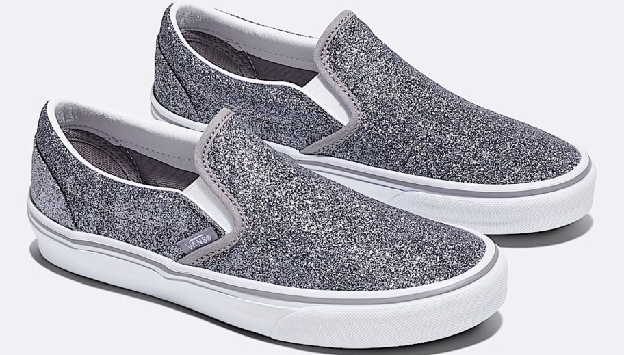 pair of silver glittery slip on sneakers