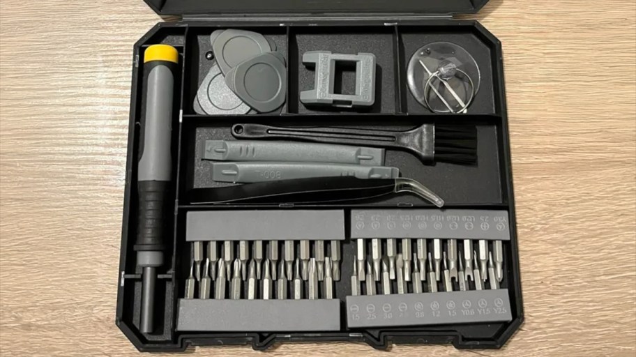 42 piece screwdriver set in a black carrying box sitting on a table