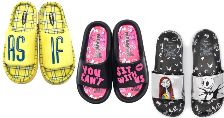 stock images of women's ground up slide sandals in clueless, mean girls, and nightmare before christmas designs
