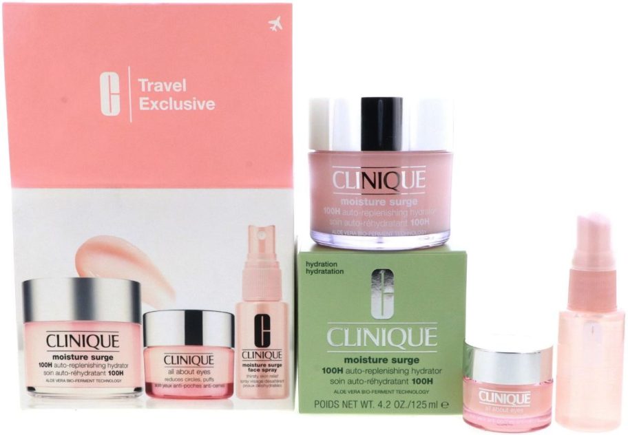 Stock image of a Clinique Moisture Surge Travel Set with moisturizer, eye cream and face spray