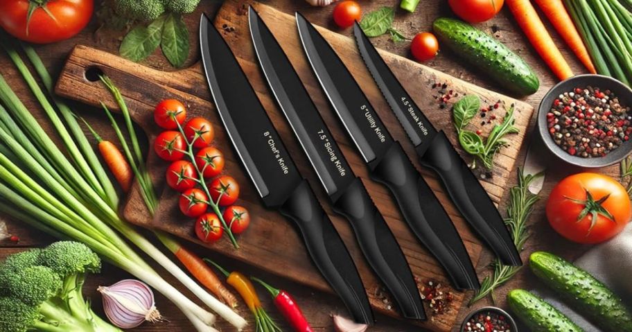 4 knives on cutting board next to lots of veggies