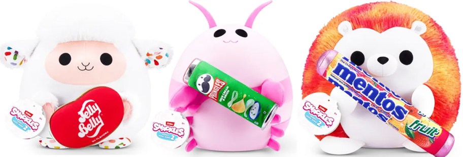 lamb holding jelly bean, shrimp holding pringles, and hedgehog holding mentos plushies